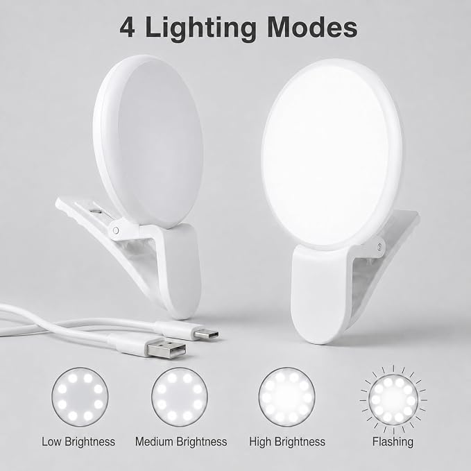 2Pcs Mini LED Ring Light for Phone, Rechargeable Clip On Selfie Light, Portable Adjustable Brightness LED Lighting for Video Recording, Compatible with iPhone, iPad, Laptop (White)