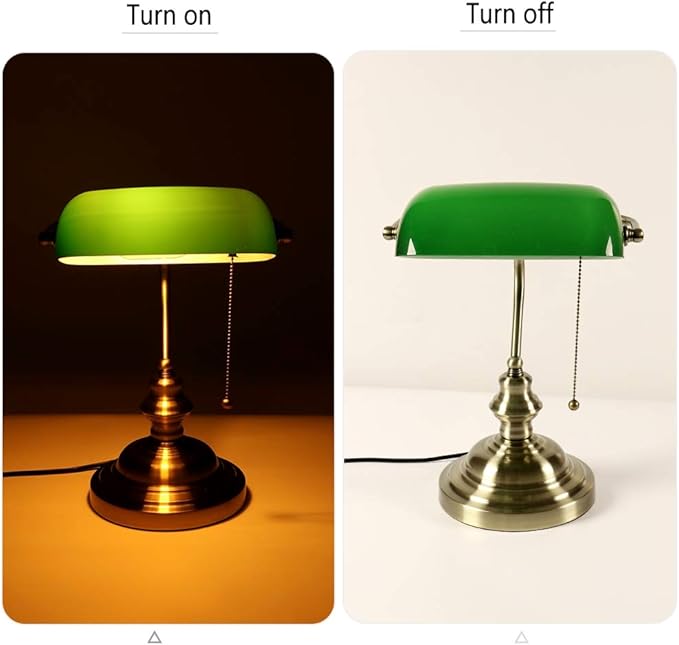 FIRVRE Green Bankers lamp, Antique Desk Lamps with Brass Base, Library Lamp with Pull Chain, Retro Desk Lamp for Home Office, Study Room, LED Bulb Included