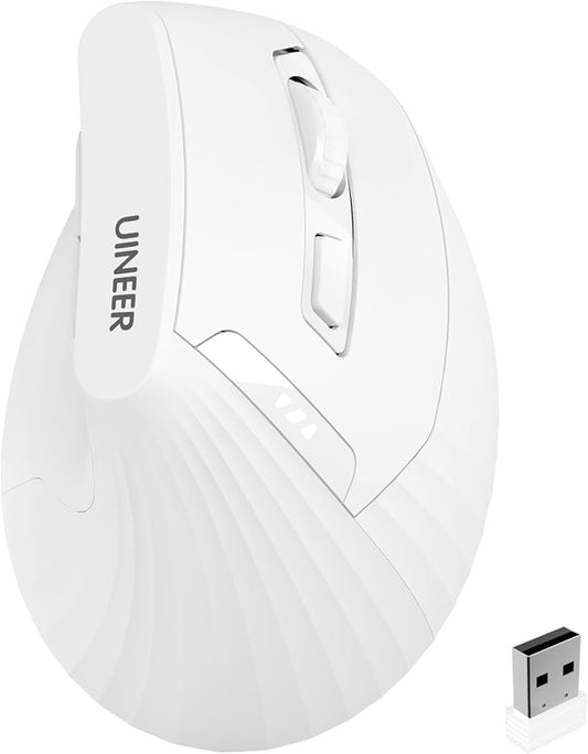 Uineer Ergonomic Vertical Mouse, 2.4G Wireless Mouse, Rechargeable, 4-DPI | Right-handed vertical design with 2.4G USB-A connection, rechargeable battery and visible battery level.