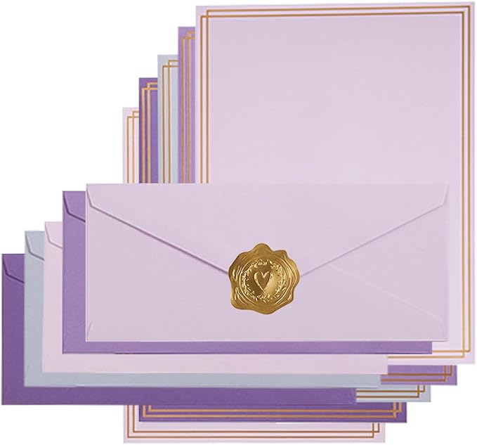 50 Pack Colored Stationery Set, 5 Colors #10 Business Envelopes, 50 Sheets 8.5x11 Paper Sheet and Gold Stickers for Office, Letters, Invitations (Purple)