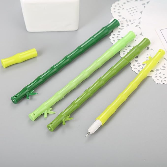 12 Pcs Novelty Green Plastic Bamboo Shape Gel Pens 0.5mm Black Ink Funny Kawaii Plant Writing Pen for Party Favors Ctue Adults School Office Gifts Stationery Supplies