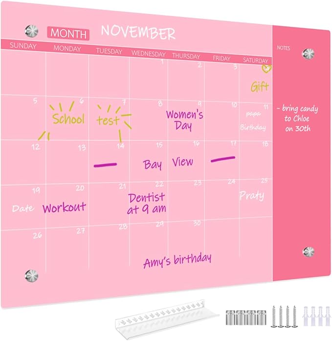 Glass Dry Erase Whiteboard,Monthly Calendar Whiteboard,12" x 16",Frameless Glass White Board for Home,School,Office,Pink Surface(GlassA-PK-3040)