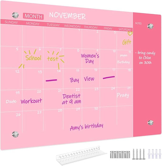 Glass Dry Erase Whiteboard,Monthly Calendar Whiteboard,12" x 16",Frameless Glass White Board for Home,School,Office,Pink Surface(GlassA-PK-3040)
