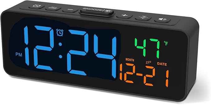 Netzu 3-in-1 Digital Clocks for Living Room, Small & Compact Alarm Clock | Temperature, Date & Time Display, 4 Birghtness, 3 Volumes, Plug-in, for Bedroom, Office