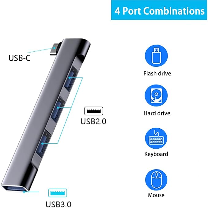 USB-C Hub for Laptop - Ultra-Slim Multiport Adapter with USB 3.0, Expander for MacBook Pro/Air, Surface Pro, Keyboard, Flash Drive (4-in-1)