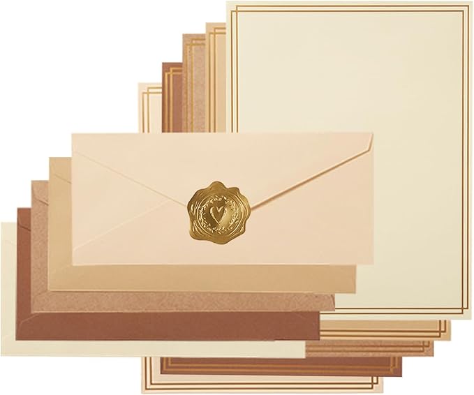 50 Pack Colored Stationery Set, 5 Colors #10 Business Envelopes, 50 Sheets 8.5x11 Paper Sheet and Gold Stickers for Office, Letters, Invitations (Brown)