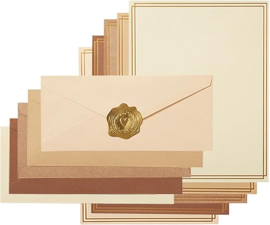 50 Pack Colored Stationery Set, 5 Colors #10 Business Envelopes, 50 Sheets 8.5x11 Paper Sheet and Gold Stickers for Office, Letters, Invitations (Brown)