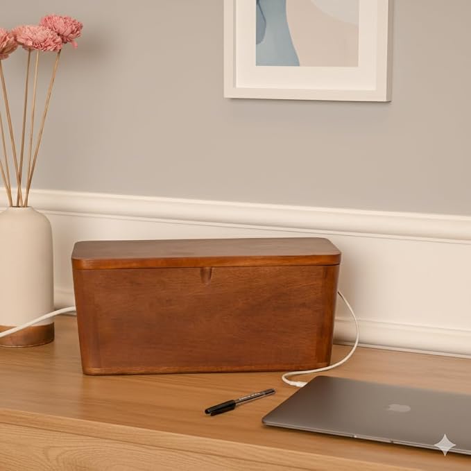 Mango Cable Management Box - Rustic Design (Natural, Extra Large) | Mango Wood, Cable Organizer, Rustic Style, Modern Design, Desktop Storage
