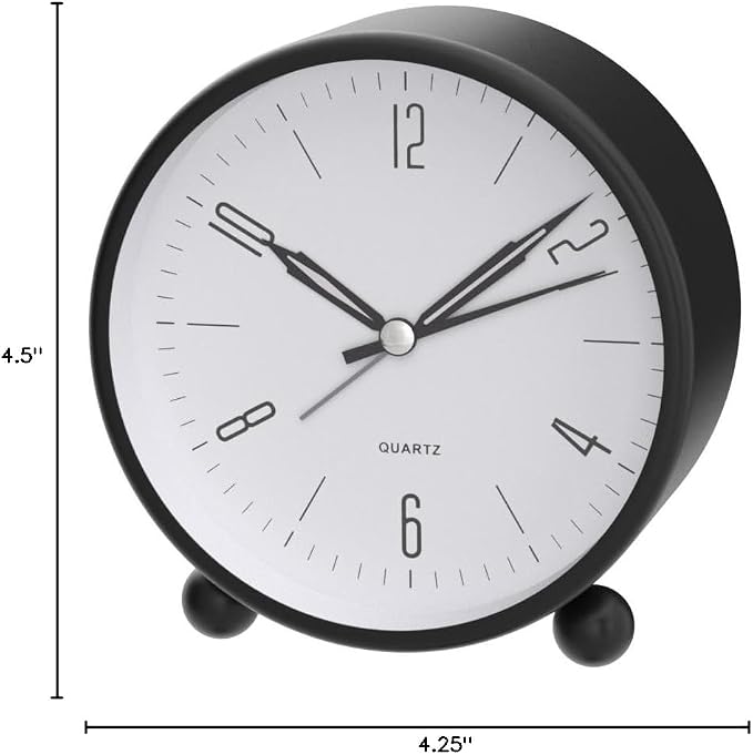 JALL Analog Alarm Clock, 4 inch Super Silent Non Ticking Small Clock with Night Light, Battery Operated, Simple Design, Old Fashioned Style Black Decor, for Bedroom, Bedside, Desk, Adult, Gift, Black