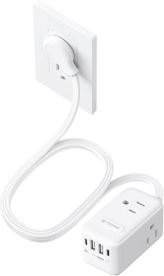 TROND 20W USB C Travel Power Strip - Ultra Thin Flat Plug, Small 5ft Extension Cord Wall Mount, 3 Side Outlet Extender for Nightstand, Dresser, Couch, TV, Cruise Essentials, White