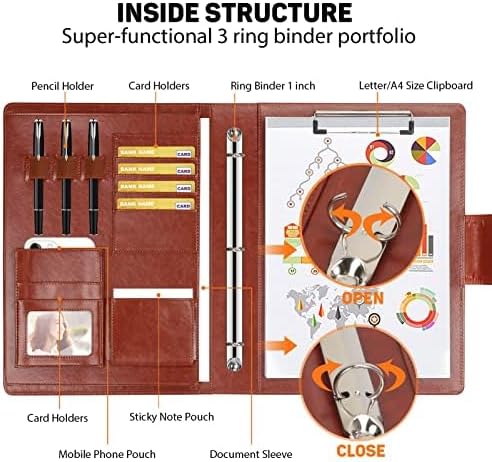 Toplive Portfolio 3 Ring Binder Padfolio Folder, Business Interview Resume Portfolio for Women Men A4/Letter Size Document Organizer with Clipboard Receipt Sleeve Card Holder, Brown