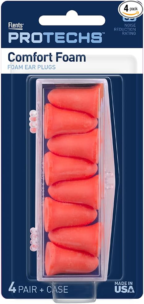 Flents Soft Foam Ear Plugs, 4 Pair with Convenient Travel Case, Comfortable Hearing Protection for Sleeping, Snoring, Studying, Travel, Concerts, and Work, 33 NRR, Orange, Made in The USA