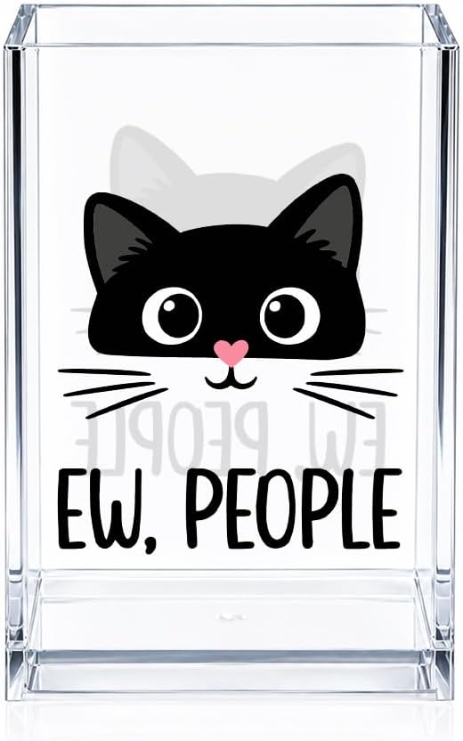 Ew People Acrylic Cosmetic Pencil Pen Holder, Funny Black Cat Pencil Holder for Desk, Desk Accessories for Coworker, Sarcastic Office Gifts for Colleague, Birthday Leaving Gifts Pen Organizer