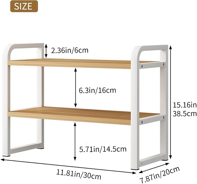 Office Desk Shelf Organizer, Wood Desktop Bookshelf Supplies Storage Rack, Shelf for Top of Desk and Dresser and Cubicle Decor Aesthetic Bookshelf (White Wood-Two Tier)