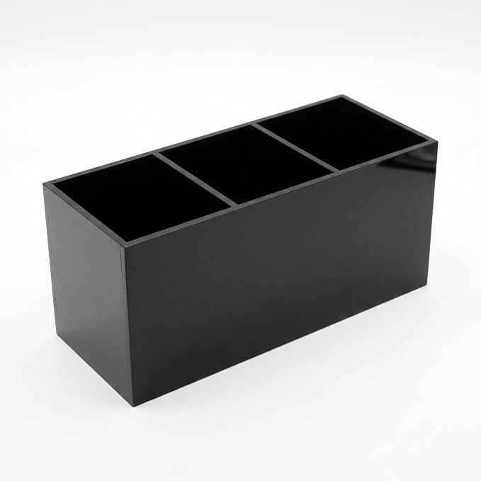Black Acrylic Pen Holder for Desk, 3 Compartment Desktop Organizer & Pencil Cup, Makeup Brush Holder for Countertop, Multi-functional Pen Pencil Brushes Holders Caddy (Glossy Black)