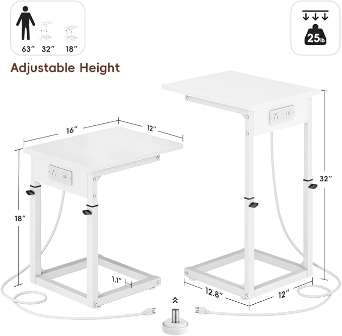 Vagusicc C Shaped End Table with Charging Station, C Table End Table Adjustable Height Sofa Table, Side Table for Couch, Couch Table that Slide Under, TV Tray Arm Table for Living Room,Bedroom, White