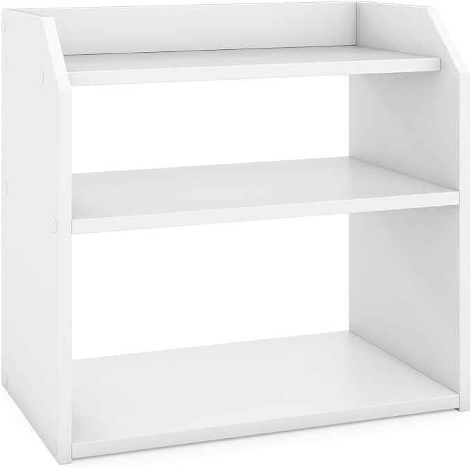 Tangkula 3-Tier Desktop Bookshelf, Wooden Countertop Bookcase with Guardrails, Space-Saving Desk Display Hutch Shelf, Modern Tabletop Storage Organizer for Study Room, Office and Dormitory (2,White)