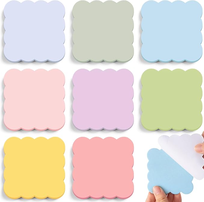 Eaasty 8 Pack Scalloped Sticky Notes Cute Adhesive Memo Pads Pastel Colors Aesthetic Unlined Self Stick Note Pads 3" x 3" Pretty Wavy Sticky Notes Bulk 240 Sheets for School Office Supplies