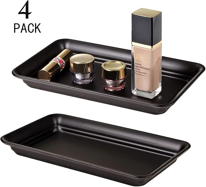 SheeChung Metal Vanity Tray, Bathroom Counter Storage Tray, Bronze 4 Pack | Sturdy Decorative Tray Holder, Farmhouse Vintage Decor Accessories for Perfume, Cosmetics, Jewelry, Makeup, Guest Hand Towel