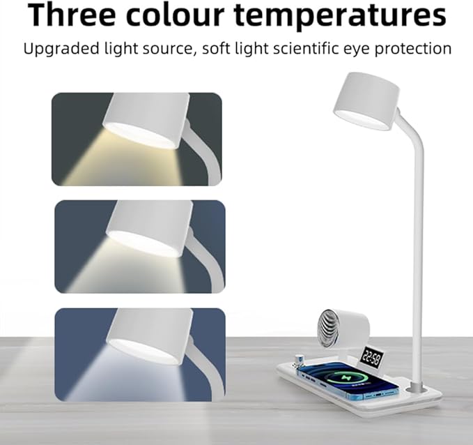 IHAO Smart LED Desk Lamp with Wireless Charger & Bluetooth Speaker, 15W Fast Charging Station for Phone & Earbuds Touch Control 3 Light Modes Alarm Clock Adjustable Eye-CareTable Lamp-HYT1772 Black