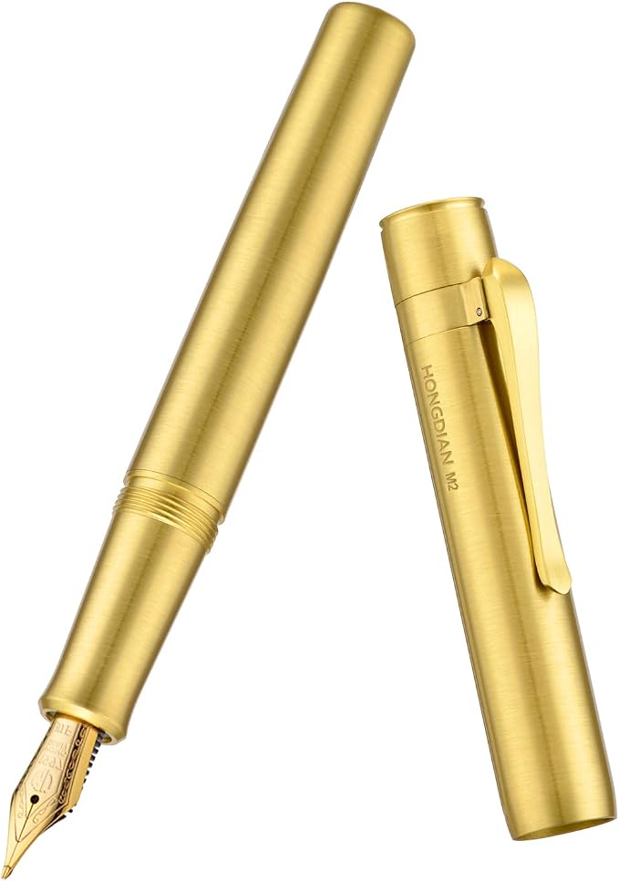 HONG DIAN M2 Black Forest Mini Fountain Pen, Long Blade Nib & Sleek Shape Brass Short Pocket Travel Pen (Glossy Brass)