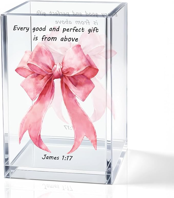 Every Good And Perfect Gifts Is From Above Acrylic Cosmetic Holder | Pink Bow Clear Makeup Brush Holder Countertop, James 1:17 Christian Bible Verses Birthday Gifts for Women Girlfriend Her