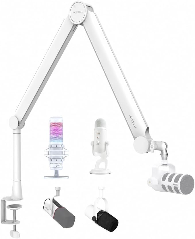 IXTECH Mic Arm White Premium Boom Arm 360° Rotatable Microphone Arm Stand with Desk Mount Fully Adjustable Sturdy and Universal VALIANT WHITE Model