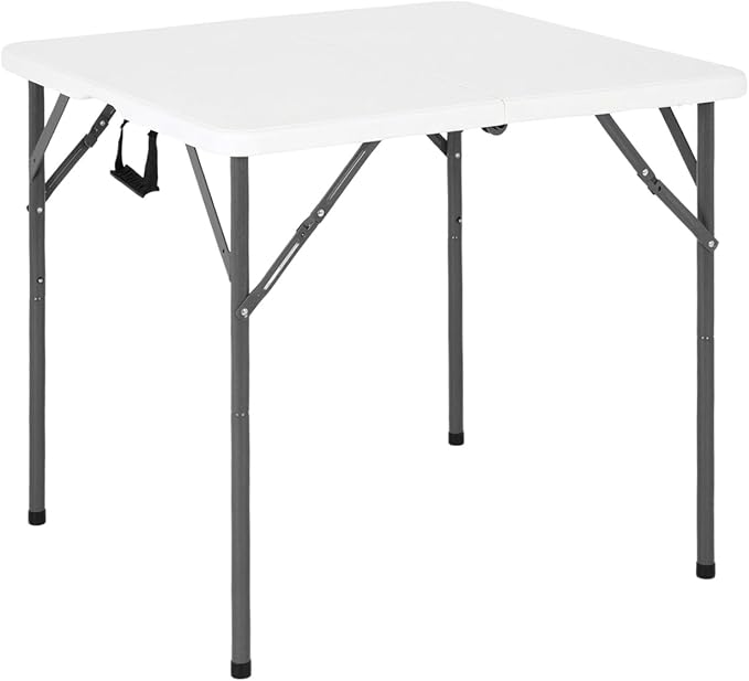 FDW 34" Square Plastic Folding Card Table, Portable Fold-in-Half Plastic Picnic Party Table with Carrying Handle, White