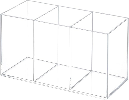 Clear Acrylic 3-Section Pen Organizer Caddy, Desktop Storage Holder for Office Supplies, Utensils, Makeup, and Home Use
