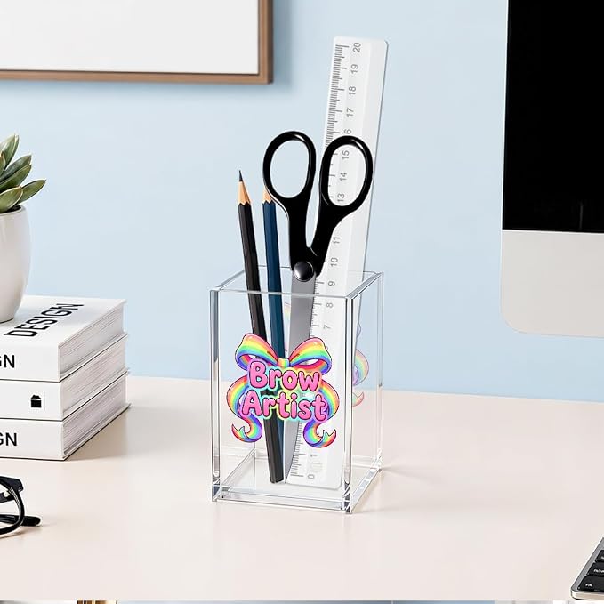 Brow Artist Acrylic Cosmetic Pencil Pen Holder, Funny Bow Vanity Accessories for Cosmetologist, Makeup Brushes Holder for Beauty Specialist Eyebrow Technician, Brow Artist Appreciation Gifts