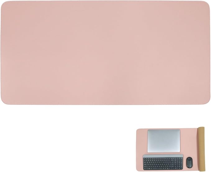 Large Double Sided Desk Mat 31.5" x 15.7" PU Leather Cork Mouse Pad | Large Pink Overlocked Edge Desk Pad Protector for Office Home Gaming Laptop Vanity, Overlocked with Matching Thread