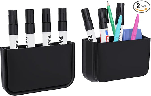 Magnetic Foldable Pen Holder, Magnetic Dry Erase Marker Pencil Holder, Strong Magnet Remote Holder Storage Organizer for Office, Whiteboard, Locker, Home Refrigerator, Desk Accessories(2 Pack Black)