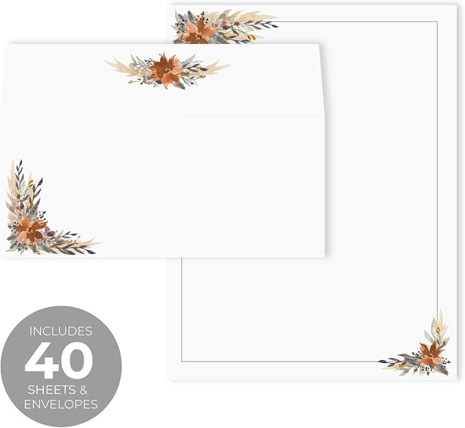 Indie Autumn Floral Letterhead With Envelopes / 40 Decorative Boho Fall Botanical Sheets With Matching Envelopes / 8.5" x 11" Rustic Watercolor Feathers Foliage Paper/All Occasion Design