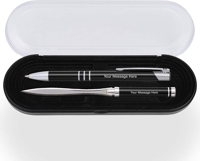 10 Custom Laser-Engraved Ballpoint Pen & Letter Slitter Gift Sets. Includes Case. Black Product Color with Silver Accents. Black Ink