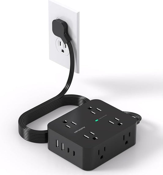 Power Strip Surge Protector, HANYCONY 5Ft Ultra Thin Flat Extension Cord with Multiple Outlets, 8 Widely Outlet Extender 4 USB Ports(2 USB C), 1080J Wall Mount for College Dorm Room Essentials Black