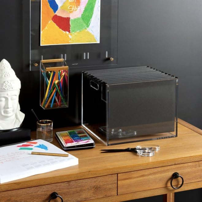 russell+hazel Acrylic Hanging File Box Organizer, Letter Size, Clear | Files letter-size folders in clear acrylic style. Doubles as chic storage for the home office, bathroom or pantry.