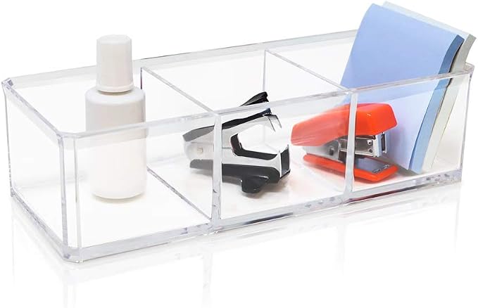 Isaac Jacobs Clear Acrylic 3 Section Organizer- Three Compartment Drawer Tray and Storage Solution for Office, Bathroom, Kitchen, Supplies, and More (Clear) | Three Compartment Drawer Tray and Storage Solution for Office, Bathroom, Kitchen, Supplies, a...