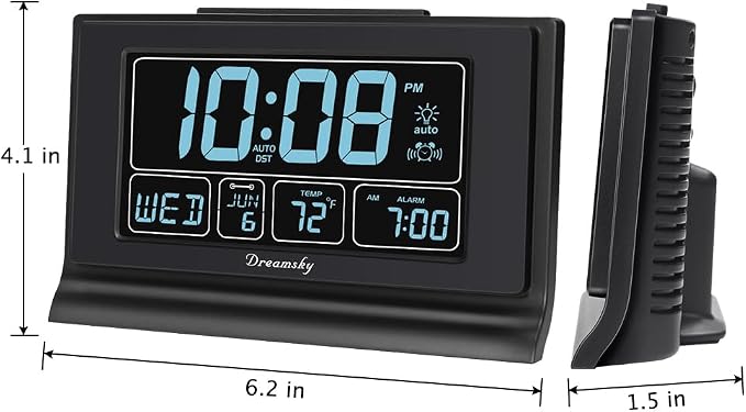 DreamSky Alarm Clocks for Bedrooms with Battery Backup, Auto Set | Digital Clock with Date & Day of Week, 5 Inch Large Display, Weekday, Temperature, USB Port, Auto DST, Brightness Dimmer