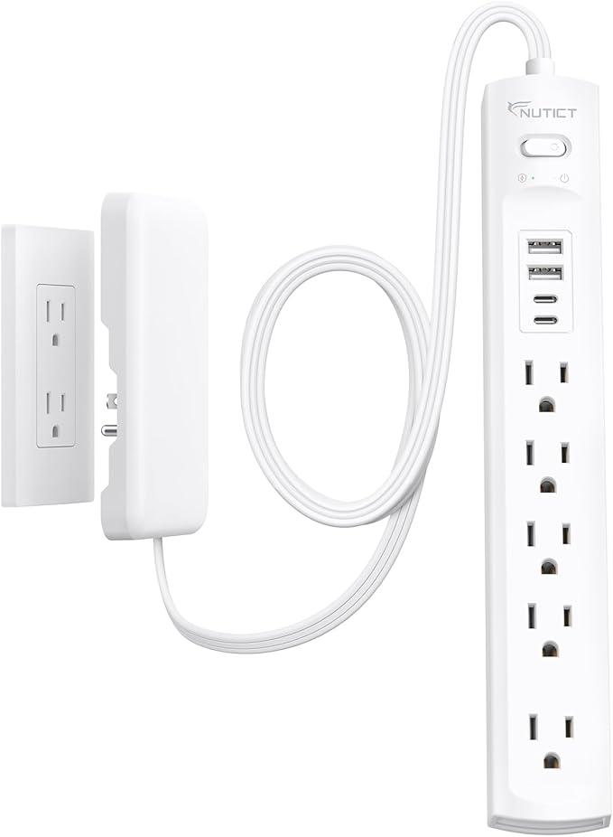 Flat Plug Power Strip 3ft, Outlet Cover Extension Cord with 5 Outlets and 4 USB Ports, 1440J Surge Protector, 10A/1250W, White Flat Wall Plug Extension Cord Ideal for Home Office Furniture