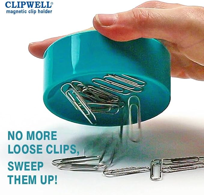 Clipwell Magnetic Paper Clip Holder - Easy Toss & Pick-Up - Holds Various Metal Parts - Powerful Sweep-Up Magnet - Ideal Locker Accessory & Home & Office Organizer - Turquoise