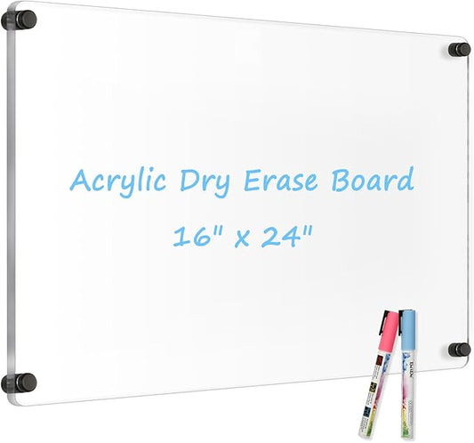 Large Clear Acrylic Dry Erase Board, 24" X 16" Black Non-Magnetic Frameless Clear White Board for Wall, Erasable Acrylic Board for Wall, Home, Office, School, 2 Markers