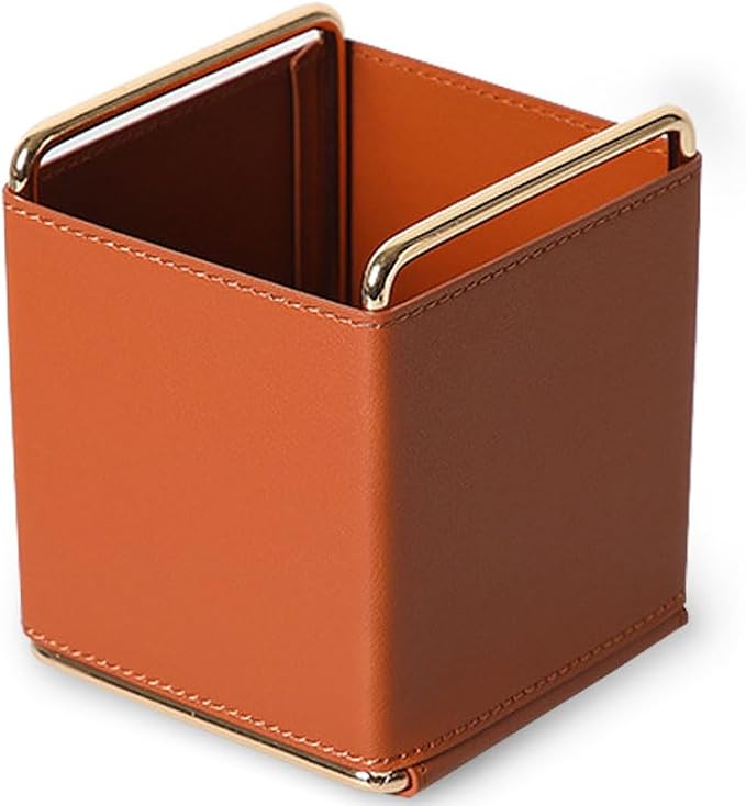 PU Leather Desktop Organizer for Pens, 4.3" Compact Size Brown | Cotroller, Keys, Glasses, Makeup Brushes Holder, Multipurpose Table Caddy Storage for Office & Home Decor