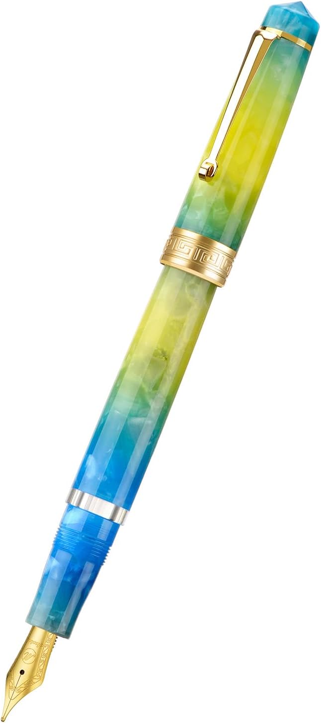 Asvine P20 Gradual Yellow Piston Fountain Pen, Iridium Fine Nib Gold Trim Smooth Writer Collection Resin Pen with Case Set