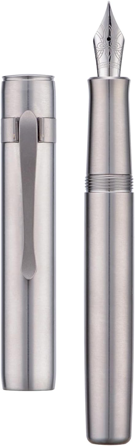 HONG DIAN M2 Titanium Mini Fountain Pen, Bent Nib & Sleek Shape Metal Short Pocket Travel Pen (Titanium Gray)