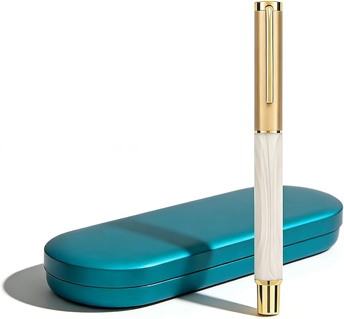 Luxury Rollerball Pen with Gold Trim, Elegant Resin Writing Instrument, Fine Point Black Ink Refill, Business Signature Pen with Metal Gift Box for Executive, Men, Women(White Ice River)