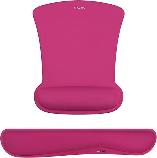 MOSISO Wrist Rest Support for Mouse Pad & Keyboard Set, Ergonomic Mousepad Non-Slip Base Home/Office Pain Relief & Easy Typing Cushion with Neoprene Cloth & Raised Memory Foam, Rose Red