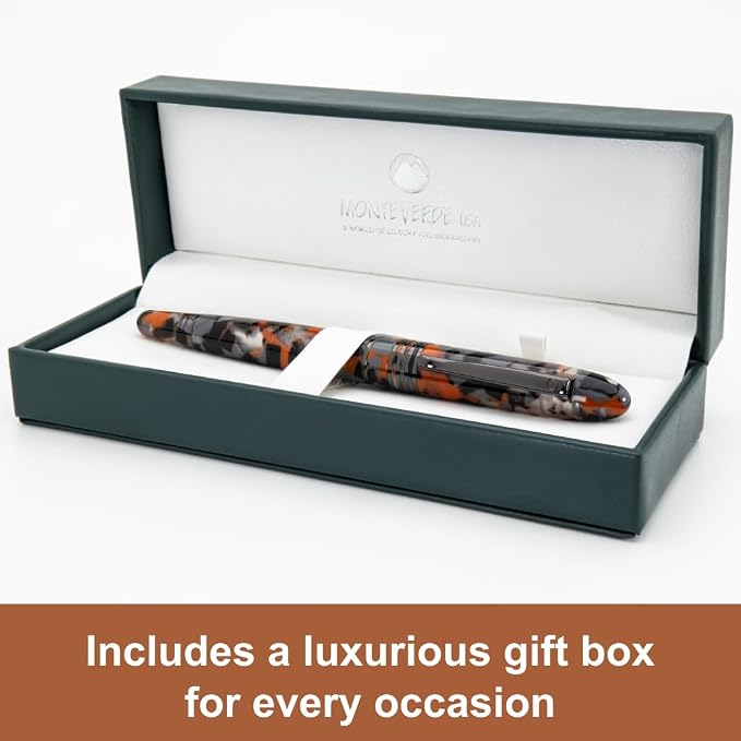 Monteverde USA Orange Mountain Fountain Pen, Stub JoWo Nib, Orange Acrylic Resin, Polished Chrome Trim, Luxury Gift Box Included