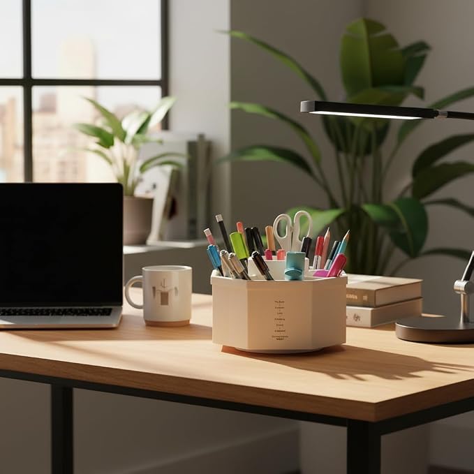 Jekelife 360 Degree Rotating Pen Holder,5-Compartment Desk Organizer,White | Smooth 360 degree rotating organizer with 5 compartments for pens, pencils, scissors, markers and office supplies.