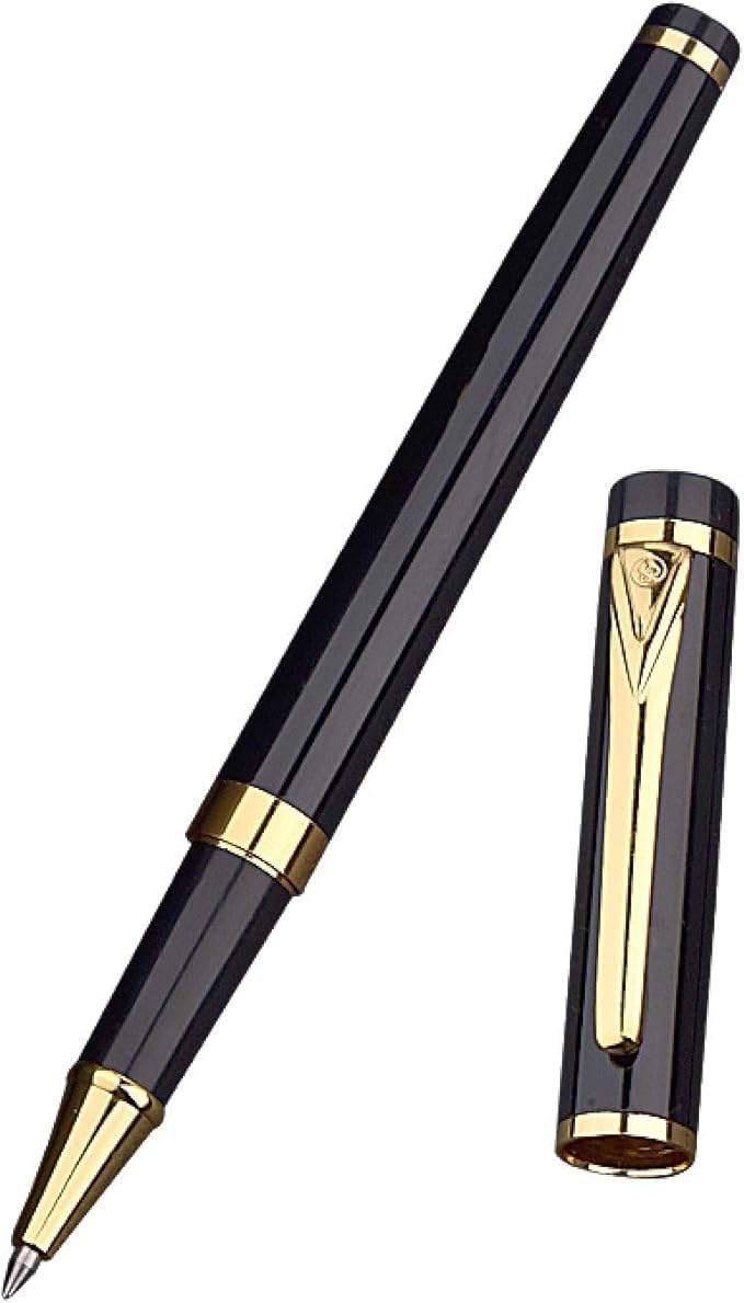 Borges Black Lacquer Rollerball Pen - Stunning Luxury Pen with 24K Gold Finish, Schmidt Ink Refill, Best Roller Ball Gift Set for Adult (Modern)