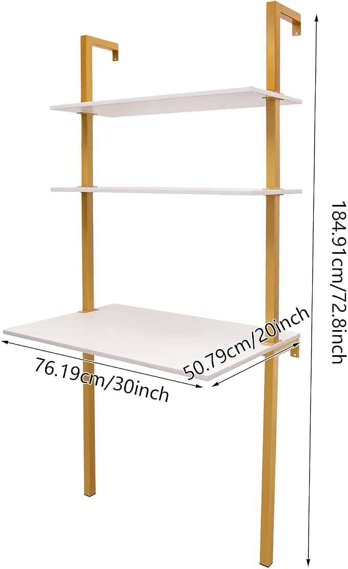 3-Shelf Industrial Wall Mount Ladder Desk, Small Computer or Writing Desk Gold and White for Homes Office School Small Spaces (30"x20"x73")